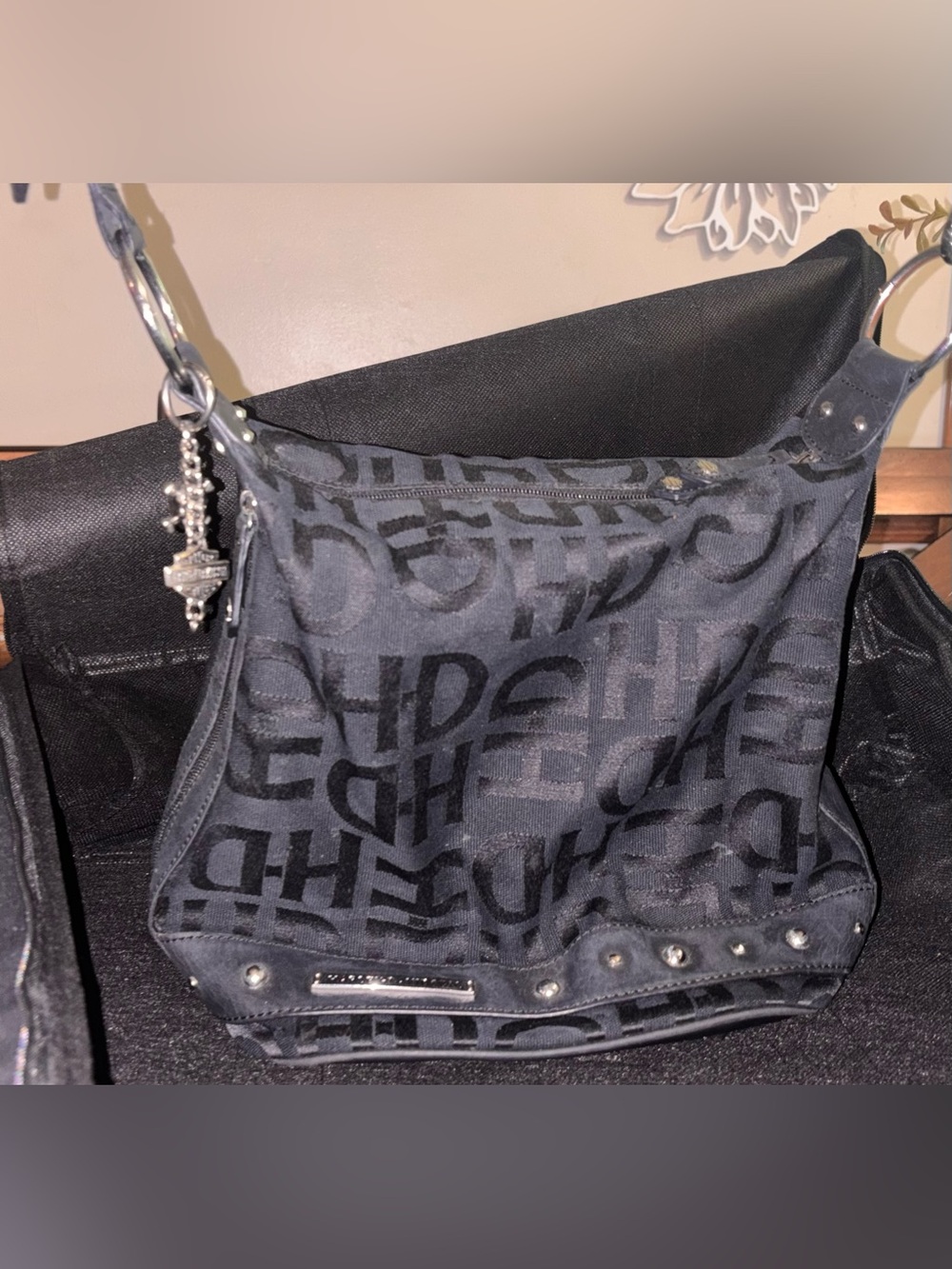 Harley-Davidson Black Logo Jacquard Hobo Bag with Charm